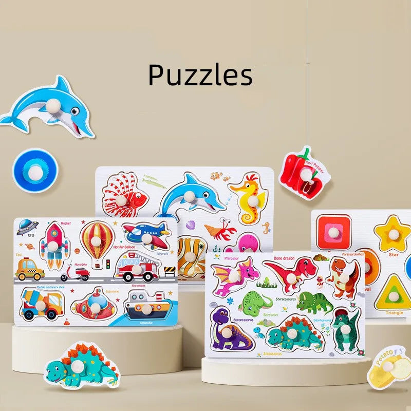 Montessori Toys Puzzle Wooden Hand Grab Board Early Educational Tangram Jigsaw Cartoon Animals Fruits 3D Puzzles