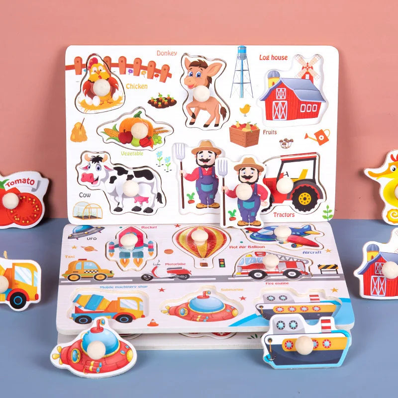 Montessori Toys Puzzle Wooden Hand Grab Board Early Educational Tangram Jigsaw Cartoon Animals Fruits 3D Puzzles