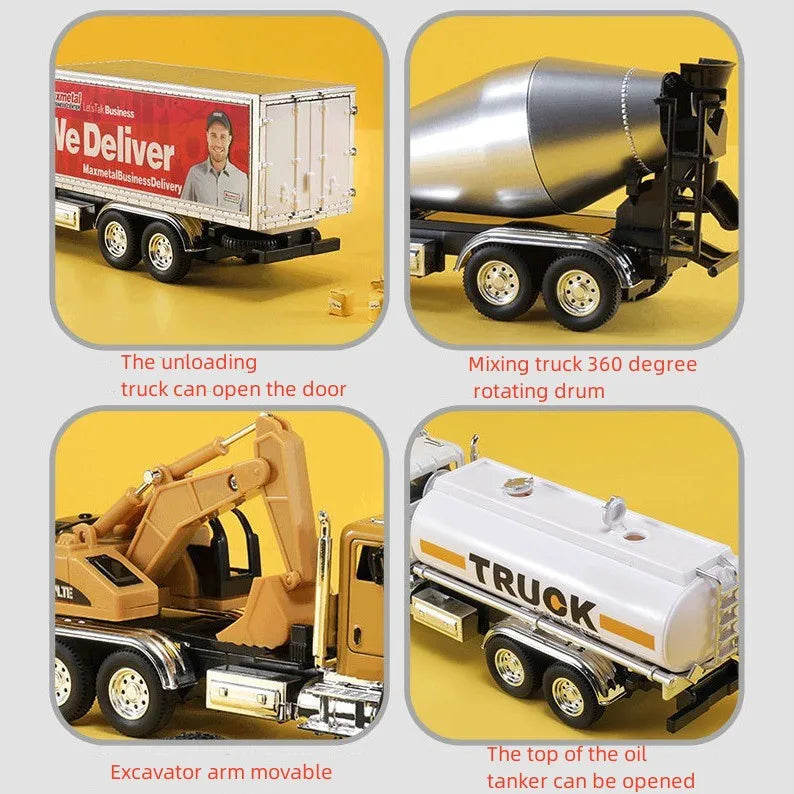 Kids 1:50 Alloy Truck Model Engineering Vehicle Excavator Bulldozer Head Dumper Truck Crane Tanker Toys Boys Radio Control Gift