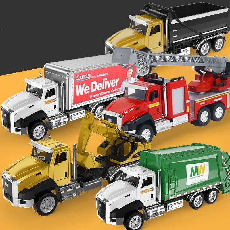 Kids 1:50 Alloy Truck Model Engineering Vehicle Excavator Bulldozer Head Dumper Truck Crane Tanker Toys Boys Radio Control Gift