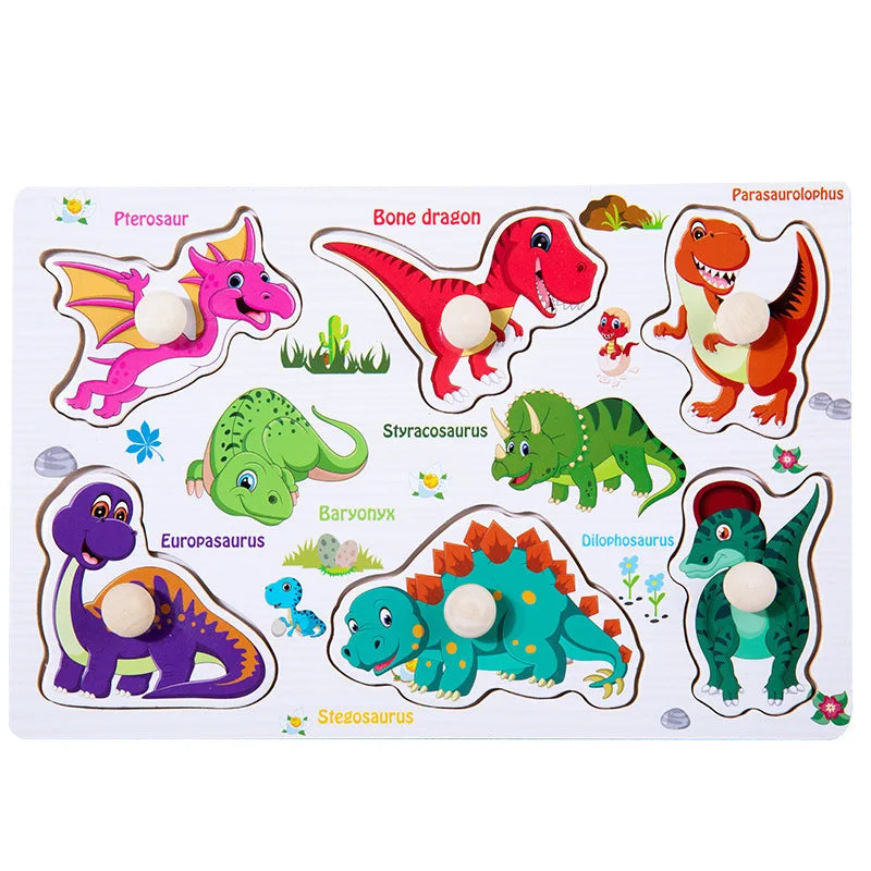 Montessori Toys Puzzle Wooden Hand Grab Board Early Educational Tangram Jigsaw Cartoon Animals Fruits 3D Puzzles