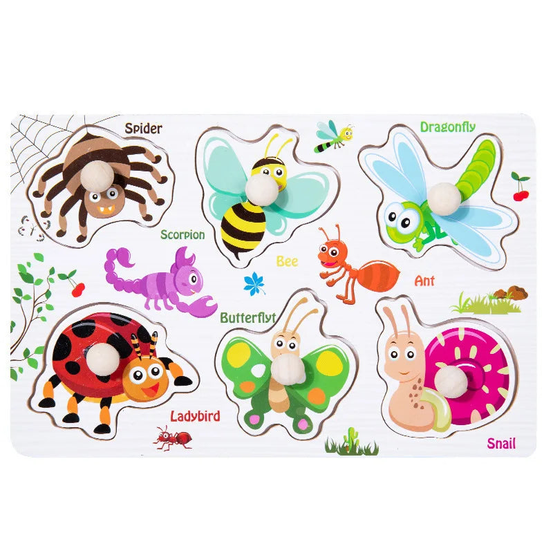 Montessori Toys Puzzle Wooden Hand Grab Board Early Educational Tangram Jigsaw Cartoon Animals Fruits 3D Puzzles