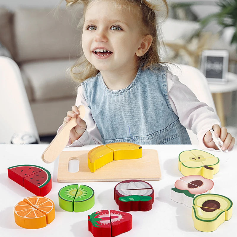 Wooden Montessori Simulation Kitchen Pretend Toy Kid Classic Game Education Cutting Fruit Food Velcro Set Housework Gift