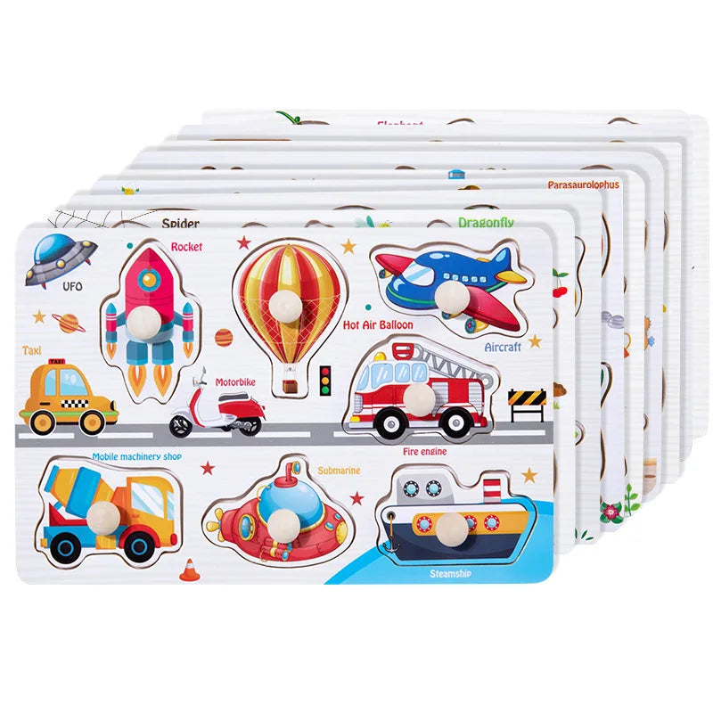 Montessori Toys Puzzle Wooden Hand Grab Board Early Educational Tangram Jigsaw Cartoon Animals Fruits 3D Puzzles