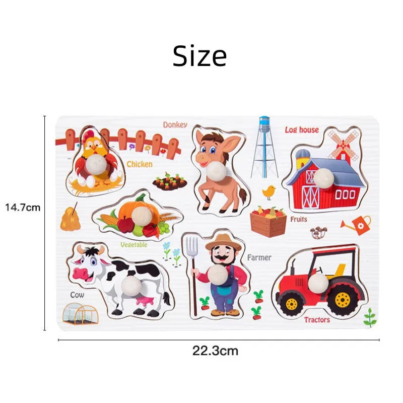 Montessori Toys Puzzle Wooden Hand Grab Board Early Educational Tangram Jigsaw Cartoon Animals Fruits 3D Puzzles